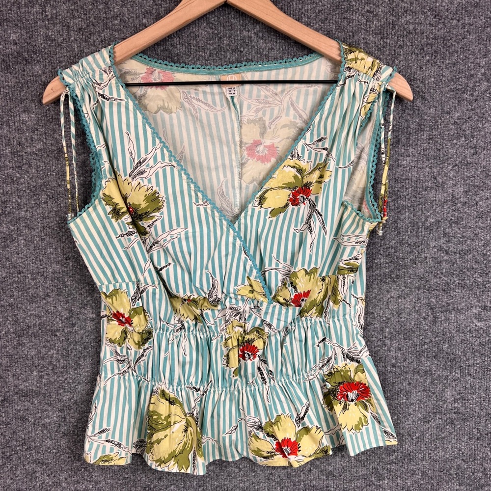 Lisa Ho Floral Striped Sleeveless Top Ruched Ruffle V-Neck Blouse Women's 6‎